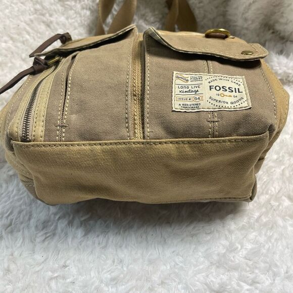 Fossil long live vintage khaki & Brown canvas shoulder bag antique tone hardware - Picture 5 of 14